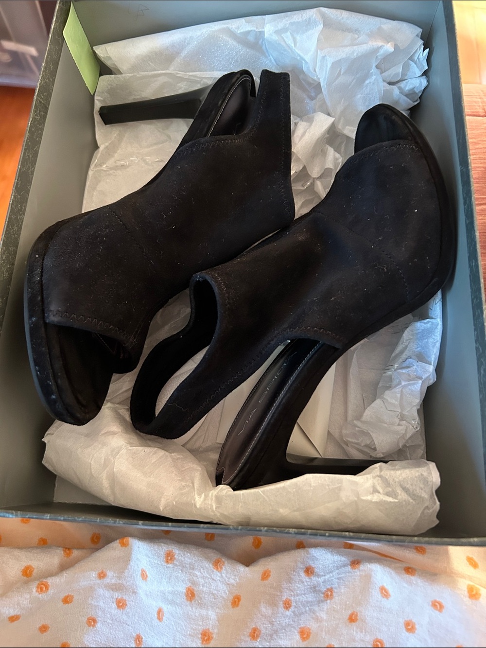 Via Spiga Black Suede Peep-Toe Slingback Heels
